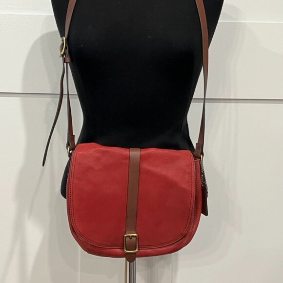 Fossil Red Leather Crossbody Purse Handbag Brown Strap - Picture 1 of 16